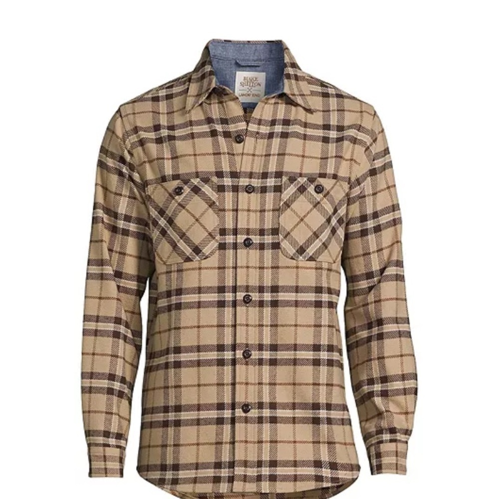 Blake Shelton Lands End Mens Flannel Button Down Shirt XL Tan Plaid Cotton Fall